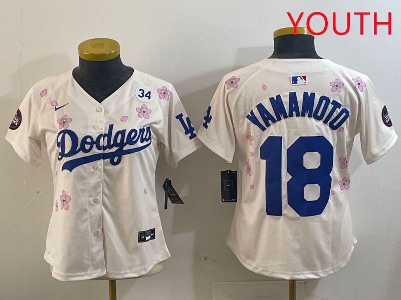 Youth Los Angeles Dodgers #18 Yamamoto Cream Sakura Edition 2025 Nike MLB Jersey style 14->youth mlb jersey->Youth Jersey